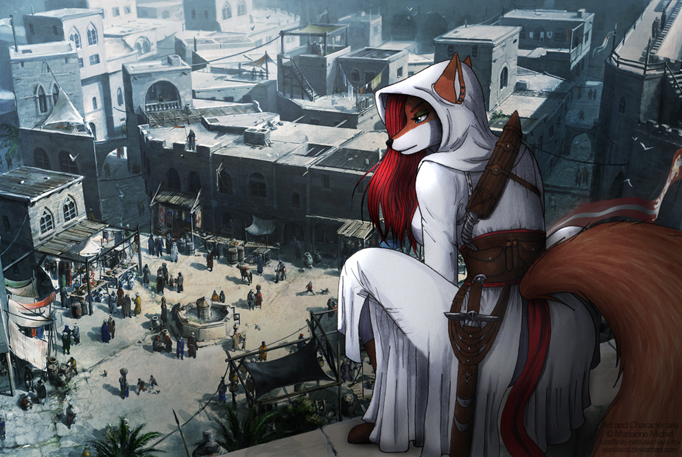 2011 anthro assassin assassin's_creed breasts brown_fur canid canine clothed clothing crouching crowd fluffy fluffy_tail fox fur group human knife mammal melee_weapon solo_focus sword ubisoft vani-fox vani-fox_(character) video_games water weapon white_fur