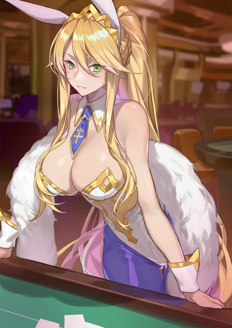 1girl animal_ears artoria_pendragon_(all) artoria_pendragon_(swimsuit_ruler)_(fate) bangs bare_shoulders blonde_hair blue_legwear blue_neckwear blush breasts bunny_ears bunnysuit cleavage detached_collar fake_animal_ears fate/grand_order fate_(series) fishnet_pantyhose fishnets fur green_eyes hair_between_eyes holster large_breasts leotard long_hair looking_at_viewer navel navel_cutout necktie pantyhose poker_table ponytail red_cucumber sidelocks solo standing strapless strapless_leotard thigh_holster thigh_strap very_long_hair white_leotard wrist_cuffs