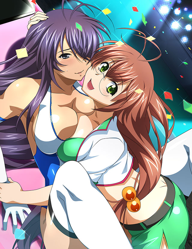 2girls :d belt black_belt blue_leotard breast_press breasts brown_hair cleavage crop_top elbow_gloves gloves green_eyes green_skirt grey_eyes hair_bobbles hair_intakes hair_ornament hair_over_one_eye hand_on_another's_head holding_another's_wrist ikkitousen kan'u_unchou large_breasts leotard long_hair multicolored_leotard multiple_girls open_mouth purple_hair ryuubi_gentoku shiny shiny_hair side_slit skirt smile sparkle spread_legs sweatdrop symmetrical_docking thighhighs very_long_hair white_gloves white_leotard white_thighhighs yuri