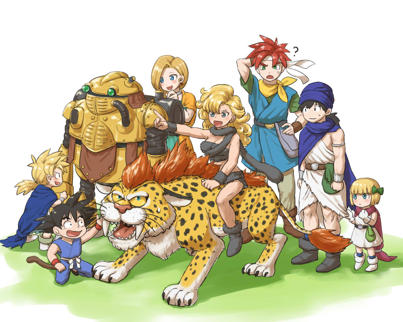 3girls 4boys :d arinsu_(kodamamaimai) ayla_(chrono_trigger) belt bianca bianca's_daughter bianca's_son black_hair blonde_hair blue_cape blue_eyes blue_headwear boots borongo bow bracelet brown_belt cape chrono_trigger commentary_request crono dragon_ball dragon_ball_(classic) dragon_quest dragon_quest_v fur_bikini fur_boots fur_bracelet green_bow hair_bow hero_(dq5) jewelry monkey_tail multiple_boys multiple_girls open_mouth orange_cape ponytail pouch purple_cape red_hair riding robo robot sabretooth_tiger short_hair smile son_gokuu spiked_hair sweatdrop tail turban wavy_hair