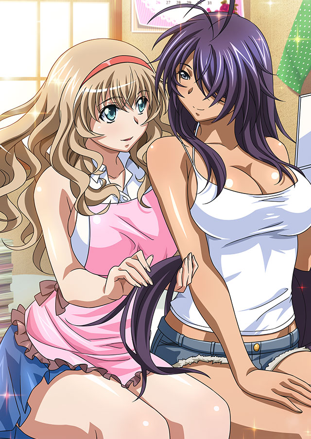 2girls :d antenna_hair apron blue_eyes blue_skirt breasts cleavage closed_mouth collarbone collared_shirt curly_hair dress_shirt eye_contact grey_eyes grey_shorts hair_over_one_eye hairband hand_on_lap ikkitousen indoors kan'u_unchou large_breasts light_brown_hair long_hair looking_at_another low-tied_long_hair miniskirt multiple_girls open_mouth pink_apron pleated_skirt red_hairband shiny shiny_hair shiny_skin shirt short_shorts shorts sideboob skirt sleeveless sleeveless_shirt smile sonken_chuubou sparkle very_long_hair white_shirt wing_collar yuri