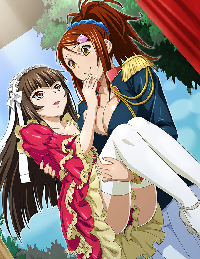 2girls bachou_mouki black_jacket blue_scrunchie bow breasts brown_eyes brown_hair carrying cleavage closed_mouth collarbone dress dutch_angle eye_contact hair_bow hair_ornament hair_ribbon hair_scrunchie hairclip high_ponytail ikkitousen jacket large_breasts layered_dress lolita_fashion long_hair looking_at_another multiple_girls open_mouth pants princess_carry red_dress ribbon scrunchie shiny shiny_hair short_dress small_breasts smile standing ten'i_(ikkitousen) thighhighs very_long_hair white_bow white_pants white_ribbon white_thighhighs yuri