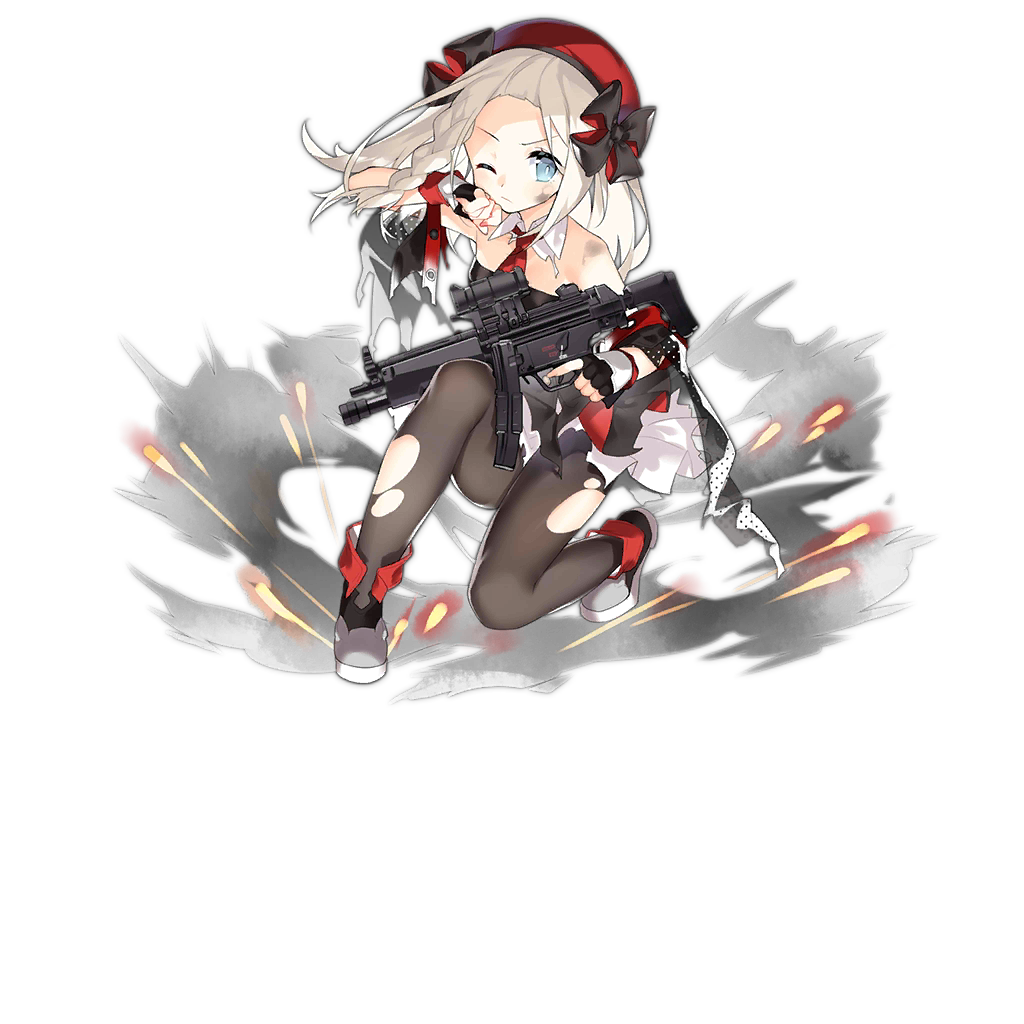 1girl ankle_boots bangs beret black_gloves black_legwear blonde_hair blue_eyes blush boots braid cloak closed_mouth collared_dress dress explosion expressionless fingerless_gloves floating_hair full_body girls_frontline gloves gun h&amp;k_mp5 hat heckler_&amp;_koch holding holding_gun holding_weapon holster long_hair looking_at_viewer mod3_(girls_frontline) mp5_(girls_frontline) necktie off_shoulder official_art one_eye_closed one_knee outstretched_arm pantyhose ribbon saru serious sidelocks sleeveless sleeveless_dress solo submachine_gun thigh_holster thigh_strap torn_clothes torn_legwear transparent_background trigger_discipline weapon white_hair wind wiping_face