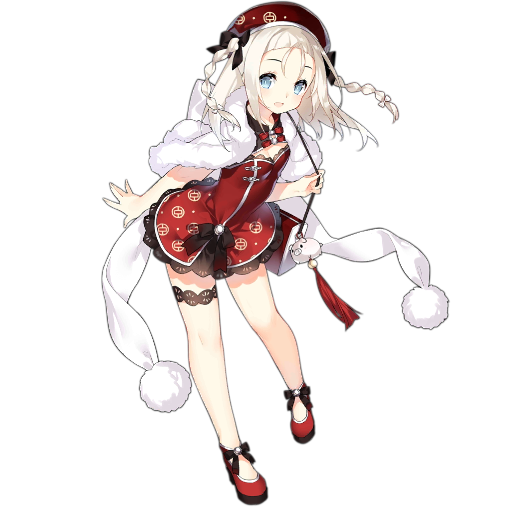 1girl :d alternate_costume bag blue_eyes blush braid breasts china_dress chinese_clothes cleavage dress full_body fur_trim girls_frontline hat holding leg_strap long_hair looking_at_viewer mp5_(girls_frontline) official_art open_mouth red_dress red_footwear ribbon saru shoulder_bag silver_hair small_breasts smile solo standing tassel transparent_background white_coat