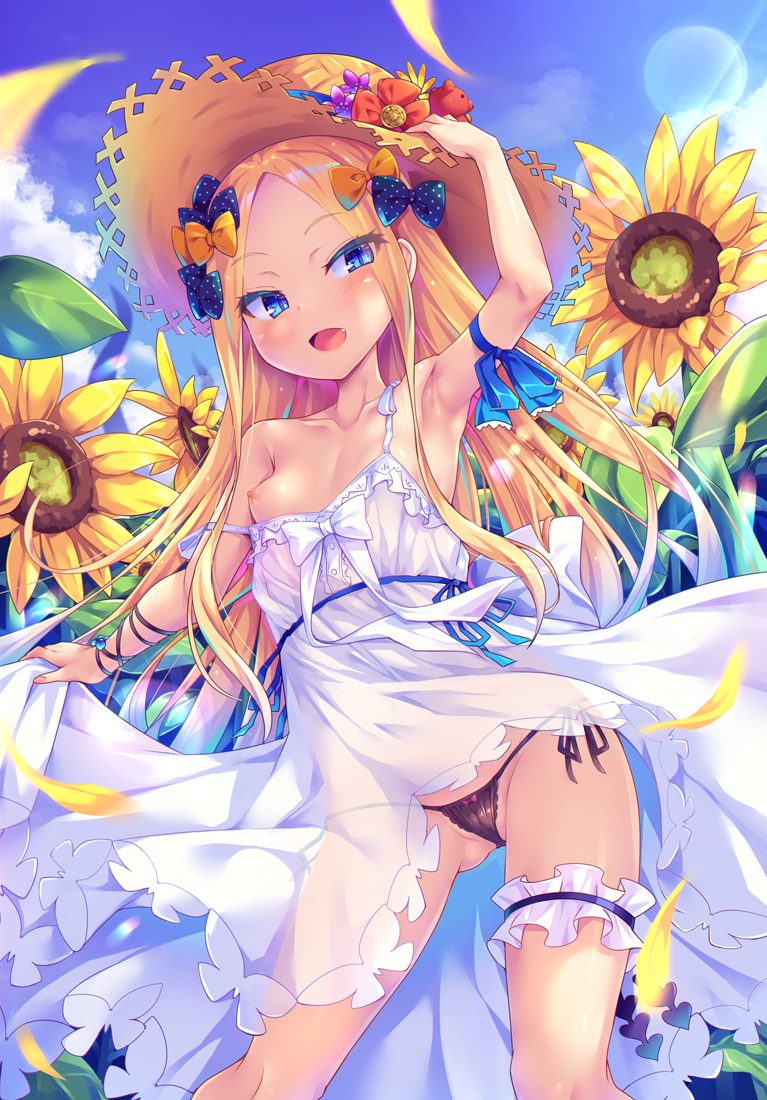 1girl :d abigail_williams_(fate/grand_order) arm_up armband armpits ass_visible_through_thighs bangs bare_shoulders black_bow black_panties blonde_hair blue_bow blue_eyes blue_ribbon blue_sky blush bow bow_panties breasts brown_headwear cloud cloudy_sky day dress dress_pull eyebrows_visible_through_hair fang fate/grand_order fate_(series) field flower flower_field forehead hair_bow hat lens_flare long_hair looking_at_viewer nipples one_breast_out open_mouth orange_bow outdoors panties parted_bangs petals polka_dot polka_dot_bow ribbon side-tie_panties sky sleeveless sleeveless_dress small_breasts smile solo strap_slip straw_hat sunflower sunlight thighs toraishi_666 underwear very_long_hair white_dress wind wind_lift yellow_flower