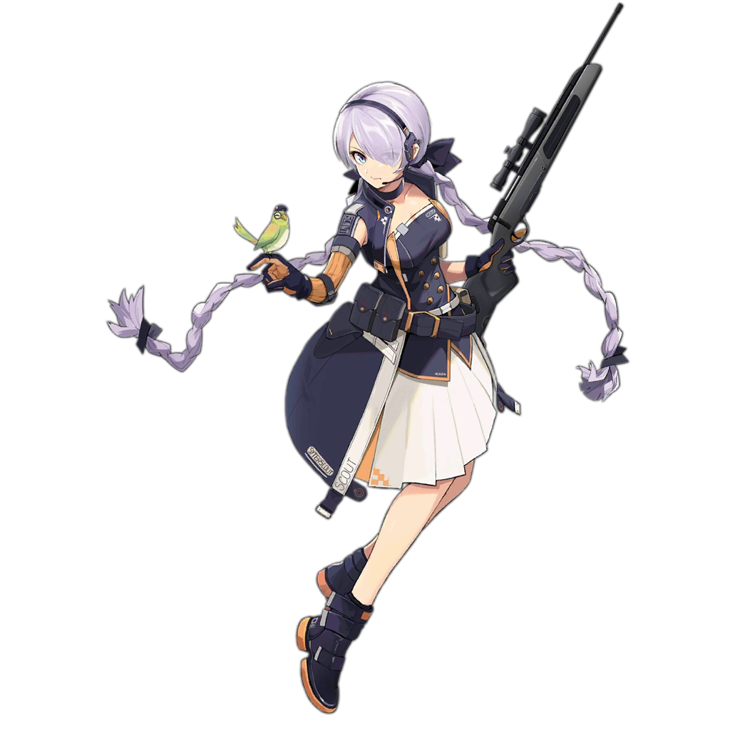 1girl asymmetrical_gloves belt bird blue_jacket boots breasts choker double-breasted dress eyebrows_visible_through_hair full_body girls_frontline gloves gun hair_over_eyes hair_ribbon headset jacket long_hair medium_breasts official_art pleated_dress pouch ribbon rifle sniper_rifle solo steyr_scout_(girls_frontline) transparent_background twintails typo very_long_hair weapon xiao_yeyouxi