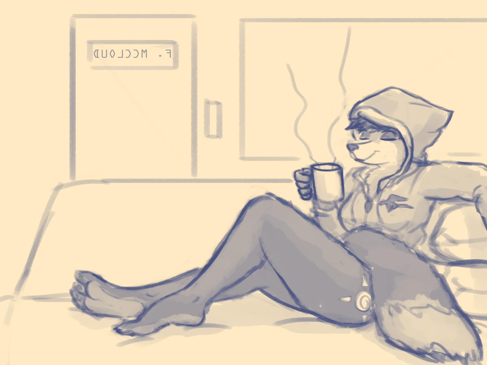 2019 4:3 4_toes 5_fingers anthro barefoot bedroom beverage biped black_nose bluedouble bottomless canid canine clothed clothing coffee digital_media_(artwork) dipstick_tail eyes_closed feet female fingers fox fur hair hi_res hoodie invalid_tag krystal lying mammal monochrome multicolored_tail nintendo short_hair sketch snout soles solo star_fox sweater toes topwear video_games