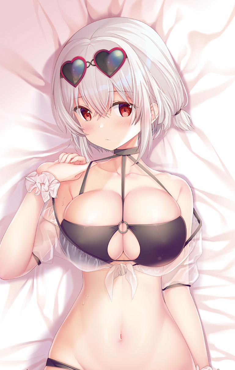 1girl azur_lane bangs bare_shoulders bed_sheet bikini black_bikini blush breasts choker cleavage collarbone eyewear_on_head groin hair_between_eyes halter_top halterneck hand_up heart heart-shaped_eyewear highres large_breasts looking_at_viewer lying navel o-ring o-ring_top on_back red_eyes scrunchie see-through short_hair sidelocks sirius_(azur_lane) sirius_(midsummer_seirios)_(azur_lane) skindentation solo sousouman strap_pull sunglasses sweat swimsuit white_hair white_scrunchie wrist_scrunchie