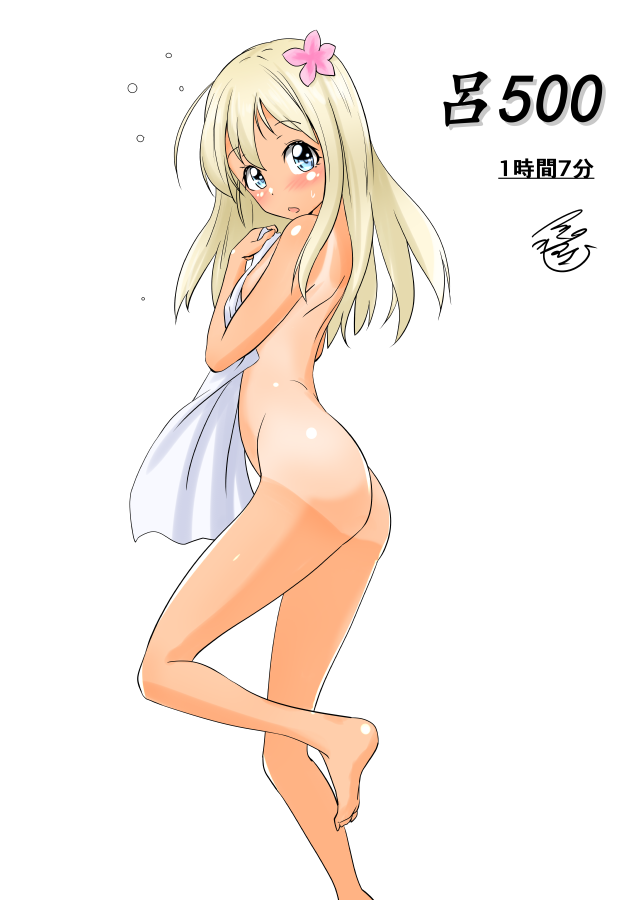 1girl ass bangs blonde_hair blue_eyes blush breasts commentary_request covering eyebrows_visible_through_hair flower from_side hair_flower hair_ornament kantai_collection legs long_hair looking_at_viewer naked_towel nude_cover one-piece_tan ro-500_(kantai_collection) simple_background small_breasts solo sweatdrop tan tanline towel tsukino_murakumo white_background white_towel
