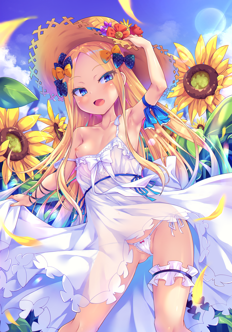 1girl :d abigail_williams_(fate/grand_order) arm_up armband armpits ass_visible_through_thighs bangs bare_shoulders black_bow blonde_hair blue_bow blue_eyes blue_ribbon blue_sky blush bow bow_panties breasts brown_headwear cloud cloudy_sky day dress dress_pull eyebrows_visible_through_hair fang fate/grand_order fate_(series) field flower flower_field forehead hair_bow hat lens_flare long_hair looking_at_viewer nipples one_breast_out open_mouth orange_bow outdoors panties parted_bangs petals polka_dot polka_dot_bow ribbon side-tie_panties sky sleeveless sleeveless_dress small_breasts smile solo strap_slip straw_hat sunflower sunlight thighs toraishi_666 underwear very_long_hair white_dress white_panties wind wind_lift yellow_flower