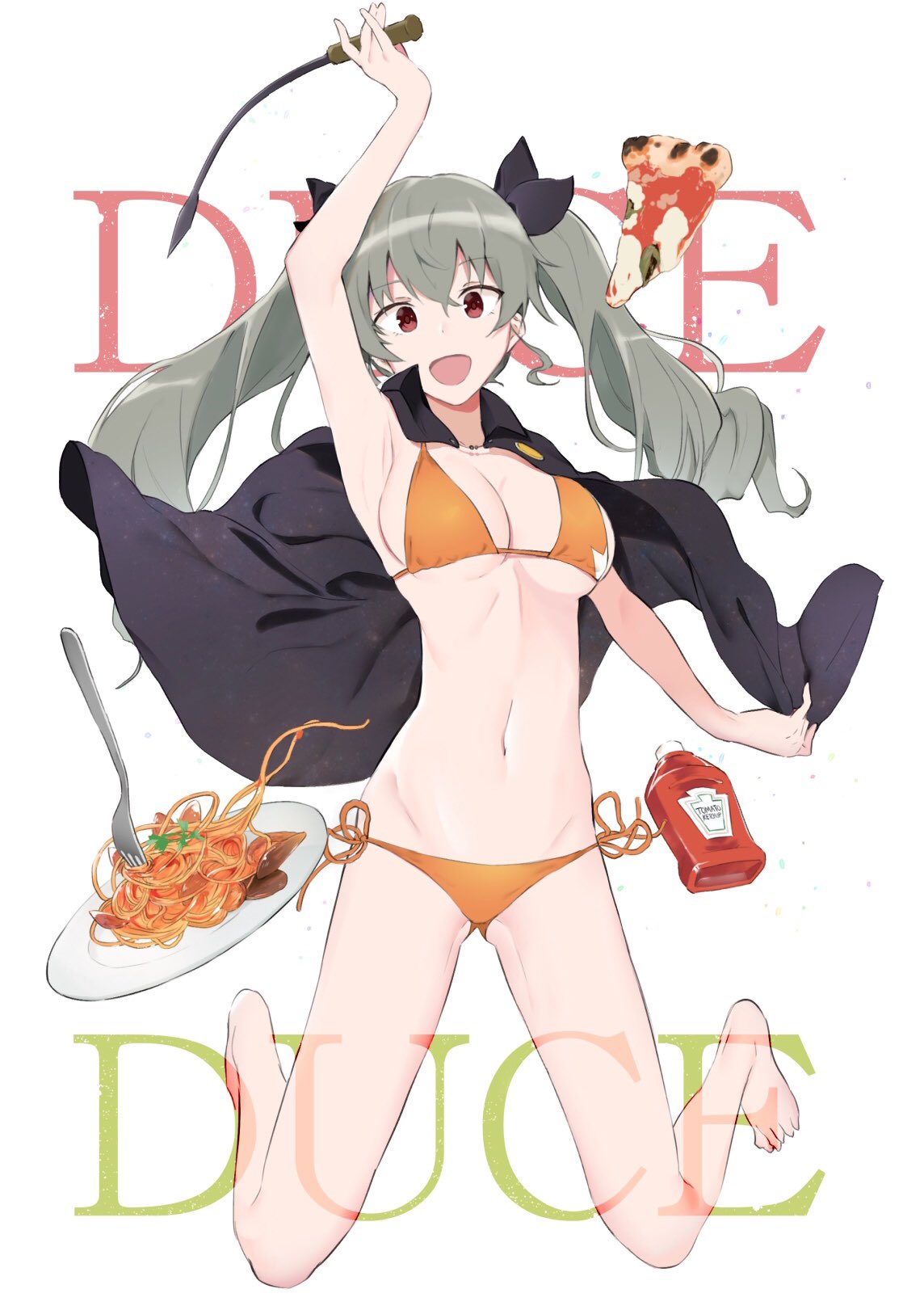 1girl anchovy bangs bikini breasts cape cleavage drill_hair food girls_und_panzer green_hair highres ketchup long_hair looking_at_viewer muteki_soda navel pasta pizza red_eyes simple_background solo spaghetti swimsuit thigh_gap twin_drills twintails white_background