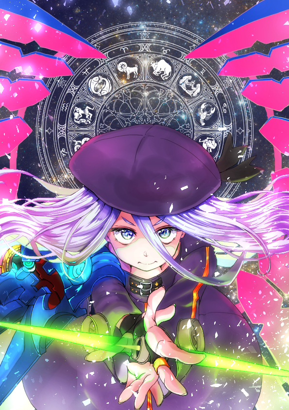 1girl artificial_wings beret dress energy_weapon eyebrows_visible_through_hair hair_between_eyes hat lavender_eyes lavender_hair long_hair looking_at_viewer magic_circle purple_dress purple_headwear rou_awayuki sekaiju_no_meikyuu sekaiju_no_meikyuu_3 solo wings zodiac zodiac_(sekaiju)