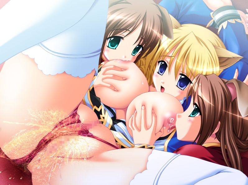 3girls animal_ears arms_up bb blond_hair blonde_hair blush breast_grab breast_licking breast_sucking breasts brown_hair censored character_request grabbing huge_breasts large_breasts licking lying multiple_girls nipple_licking nipple_sucking nipples open_mouth peeing piss pussy source_request teamwork yuri
