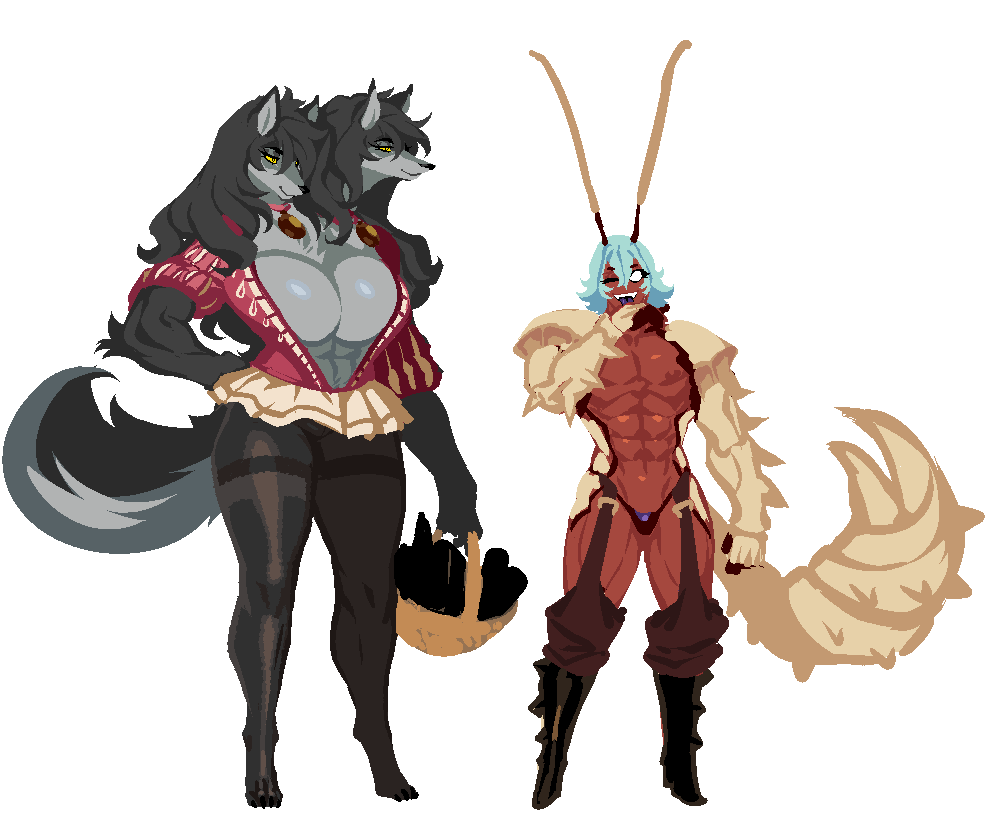 abs anthro big_breasts breasts canid canine cleavage clothed clothing cloud_meadow female larger_female mammal multi_head orthros s-purple size_difference