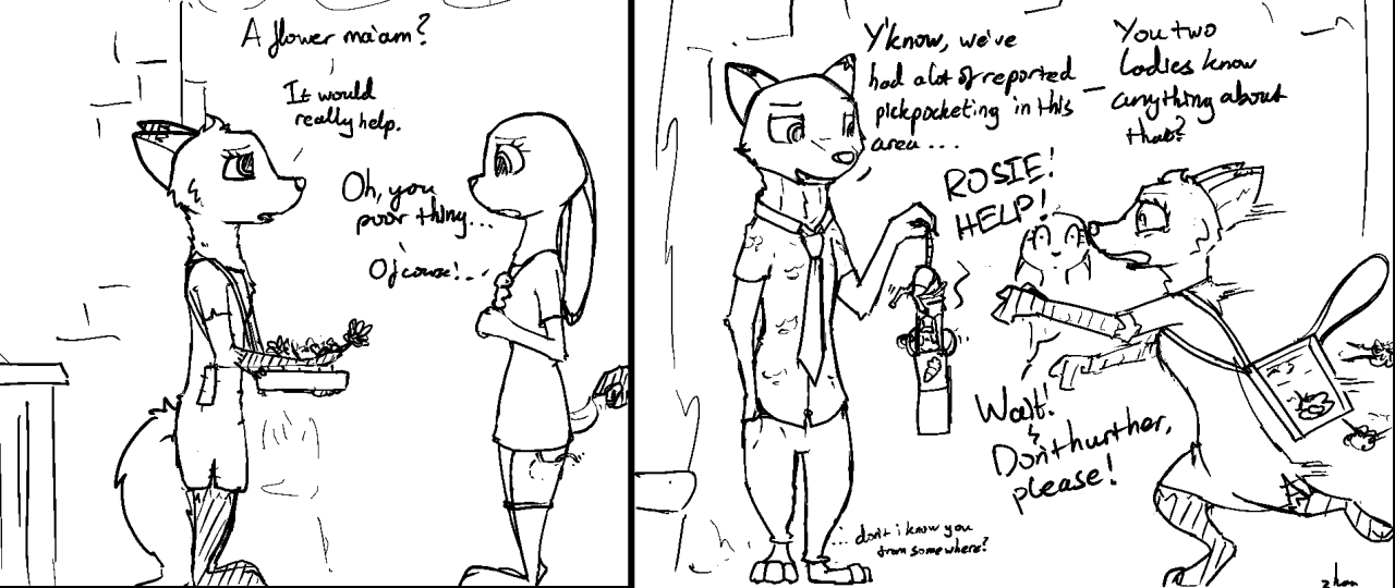 anthro black_and_white canid canine clothed clothing comic dialogue disney english_text female fox group judy_hopps lagomorph leporid male mammal melody_micely_(zootopia) monochrome nick_wilde rabbit rosie_(zootopia) text zhan zootopia