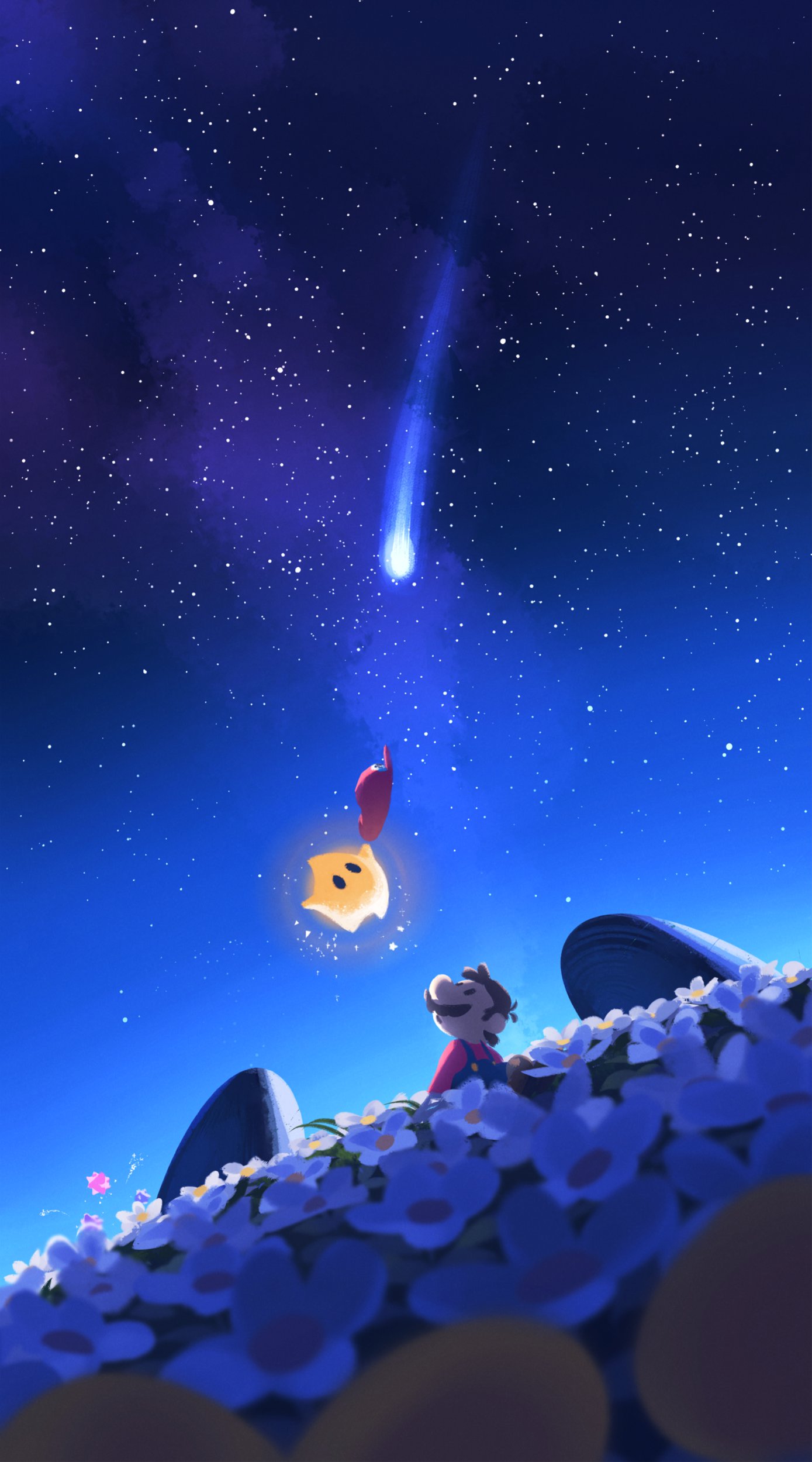 1boy :o absurdres aura chiko_(mario) comet danfango dot_eyes facial_hair flower gloves happy hat highres mario mario_(series) mustache official_style open_mouth overalls perspective rock scenery space star_(sky) star_bit super_mario_galaxy white_flower