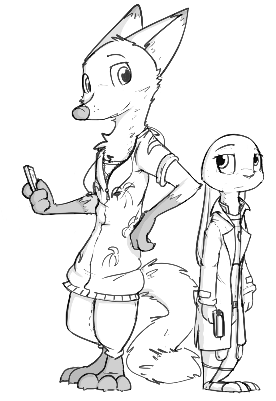 anthro black_and_white canid canine clothed clothing disney duo female fox hi_res holding_object holding_weapon judy_hopps lagomorph leporid male mammal monochrome nick_wilde rabbit standing weapon zhan zootopia