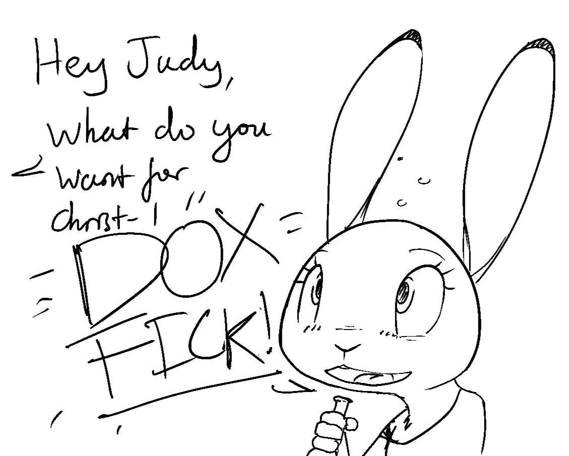 anthro black_and_white bottle clothed clothing dialogue disney english_text female holding_object judy_hopps lagomorph leporid mammal monochrome rabbit sketch solo text zhan zootopia