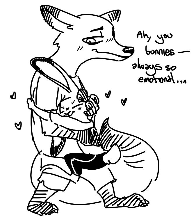 &lt;3 anthro black_and_white canid canine carrying clothed clothing dialogue disney english_text eyes_closed female fox hug judy_hopps lagomorph leporid male mammal monochrome nick_wilde nobby_(artist) rabbit sketch text zootopia