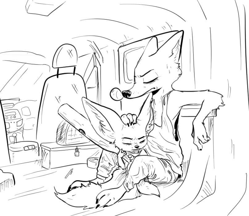 anthro baseball_bat bat_(object) black_and_white canid canine car chair clothed clothing disney duo eyes_closed finnick fox inside male mammal monochrome nick_wilde nobby_(artist) sketch sleeping van vehicle zootopia