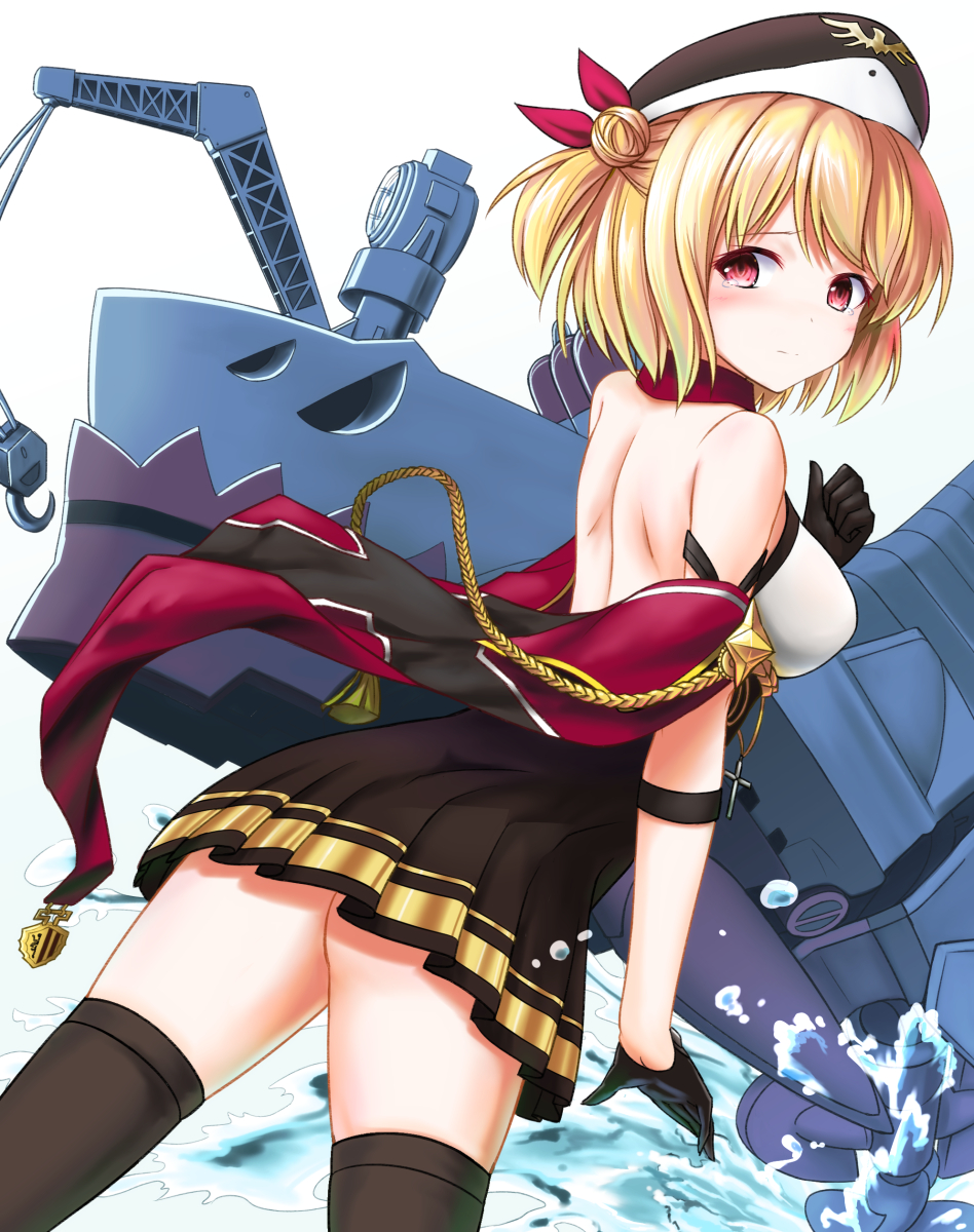 1girl ass azur_lane back backless_outfit bangs bare_shoulders black_gloves black_legwear black_skirt blonde_hair breasts closed_mouth commentary_request crane detached_collar ena_tokisaka_(inadumakawaii) gloves hair_bun hat highres leipzig_(azur_lane) looking_at_viewer looking_back no_panties off_shoulder one_side_up pleated_skirt red_eyes rigging short_hair shoulder_blades sidelocks skirt solo tearing_up thighhighs