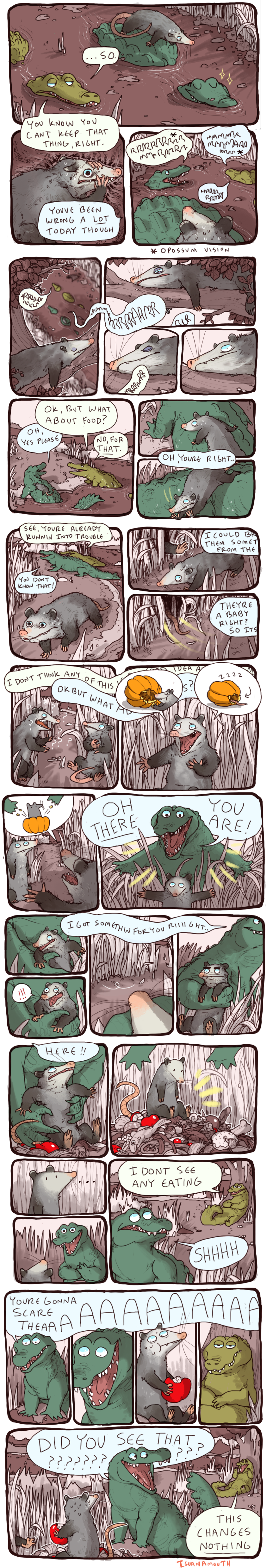 absurd_res alligator alligatorid amphibian apple comic crocodilian dialogue didelphid duo english_text food fruit fur happy hi_res humor iguanamouth male mammal marsupial open_mouth plant pumpkin reptile river scalie simple_background speech_bubble swamp teeth text tree virginia_opossum water white_background