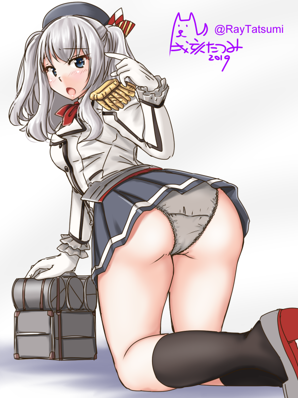 1girl all_fours artist_logo ass beret black_headwear black_legwear black_skirt blue_eyes buttons dated epaulettes feet_out_of_frame frilled_sleeves frills from_behind gloves grey_panties hat jacket kantai_collection kashima_(kantai_collection) kneehighs long_sleeves machinery military military_jacket military_uniform miniskirt neckerchief panties pleated_skirt red_neckwear sidelocks silver_hair simple_background skirt solo tatsumi_ray twintails twitter_username underwear uniform wavy_hair white_background white_gloves white_jacket