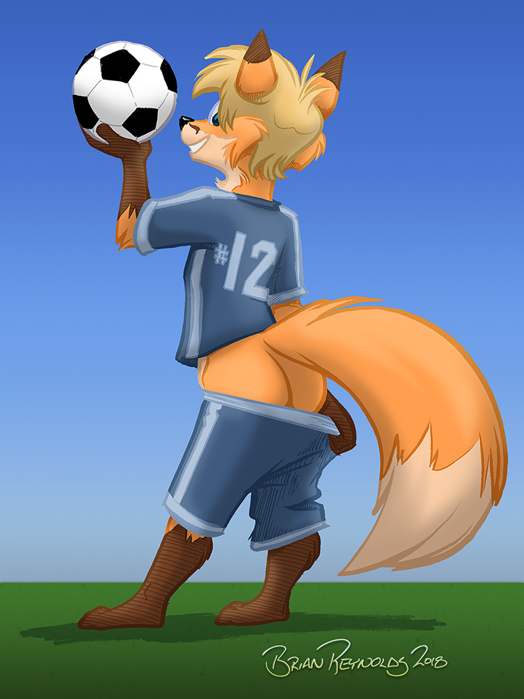 2018 anthro ball black_nose blonde_hair bottomwear butt canid canine clothing fox fur gloves_(marking) hair leg_markings looking_back male mammal markings mooning orange_fur rear_view shorts smile soccer_ball socks_(marking) solo toonfx tycloud young