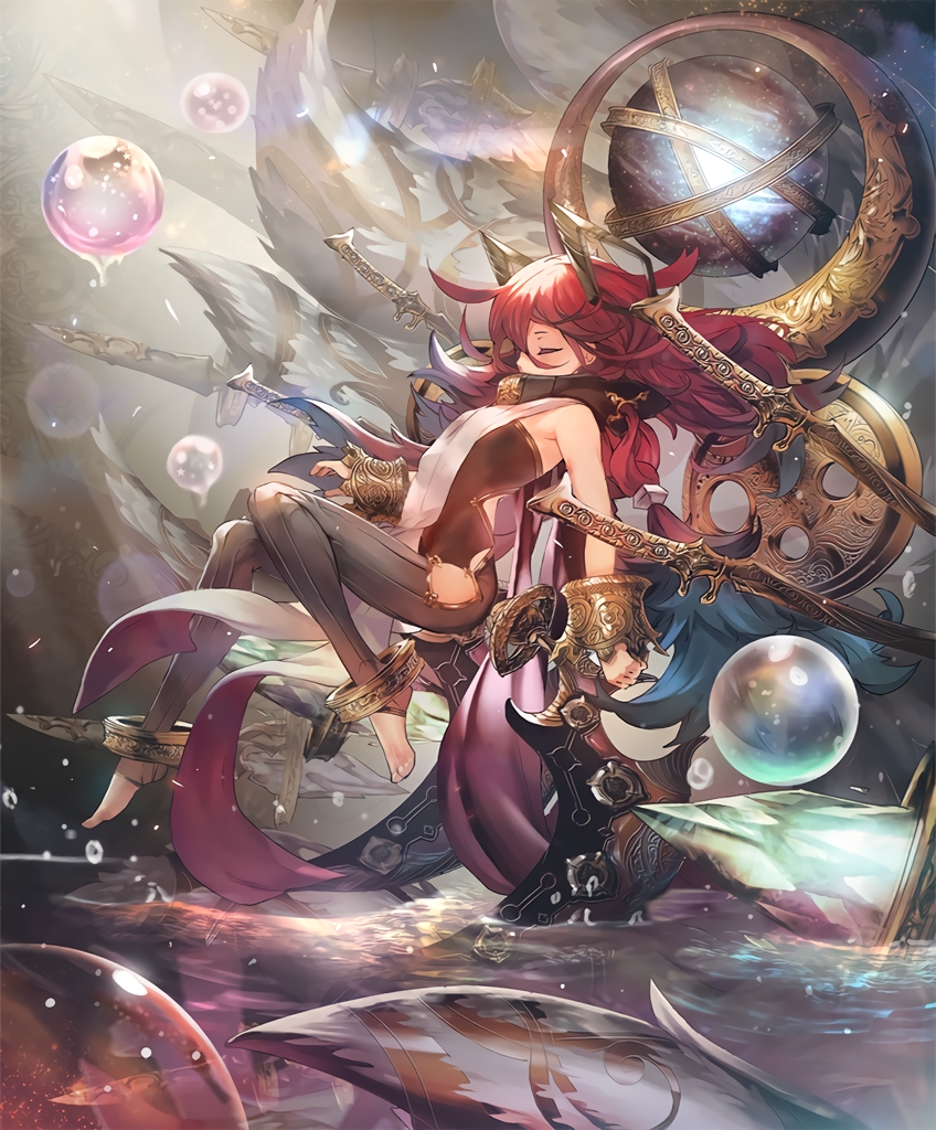 1girl anklet artist_request bare_shoulders blue_hair bracelet breasts bubble crystal gradient_hair hair_ornament izalue_herald_of_death jewelry long_hair multicolored_hair official_art orb pelvic_curtain red_hair shadowverse small_breasts stirrup_legwear sword toeless_legwear two-tone_hair water weapon