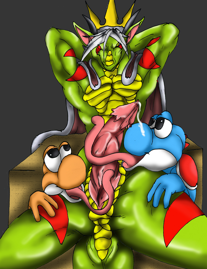 2008 animal_genitalia anthro bodily_fluids crown cum dragon genital_fluids genital_slit group group_sex heterochromia long_tongue male mario_bros muscular muscular_male nintendo oral penis randomdragon randomdragon_(character) sex slit tongue tongue_out tonguejob video_games yoshi