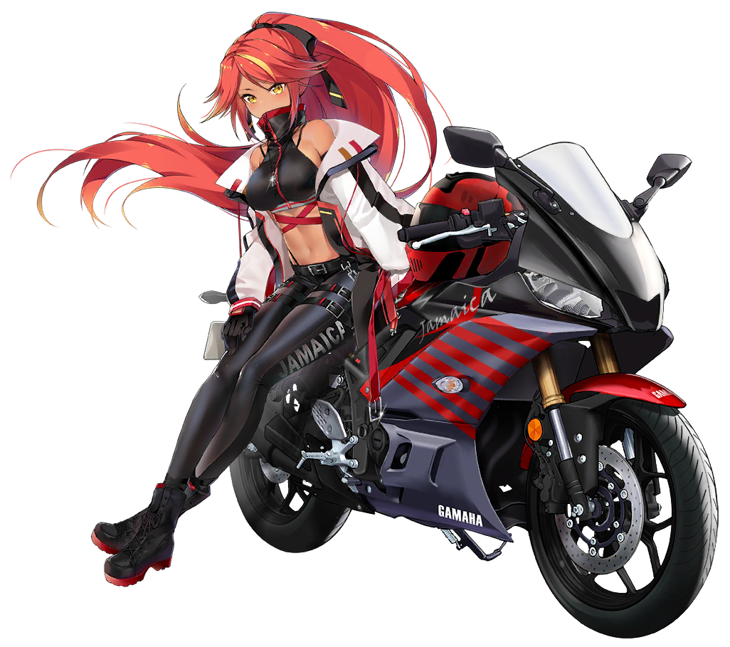 1girl alternate_costume azur_lane bare_shoulders belt black_gloves black_pants black_shirt boots breasts covered_mouth crop_top dark_skin floating_hair glint gloves ground_vehicle hair_ribbon headwear_removed helmet helmet_removed high_collar jacket jamaica_(azur_lane) jamaica_(highway_star)_(azur_lane) jewelry large_breasts long_hair long_sleeves looking_at_viewer midriff motor_vehicle motorcycle multicolored_hair navel necklace off_shoulder official_art ootsuki_momiji open_clothes open_jacket orange_hair pants ponytail red_hair ribbon shirt sitting sleeveless sleeveless_shirt solo stomach streaked_hair tachi-e transparent_background very_long_hair white_jacket yellow_eyes