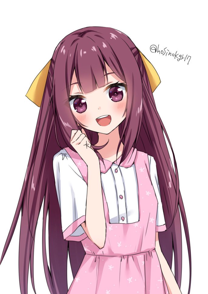 1girl alternate_costume bow cowboy_shot dress hair_bow hoshino_kagari kamikaze_(kantai_collection) kantai_collection long_hair looking_at_viewer open_mouth pink_dress purple_eyes purple_hair round_teeth simple_background smile solo standing teeth twitter_username upper_teeth white_background yellow_bow