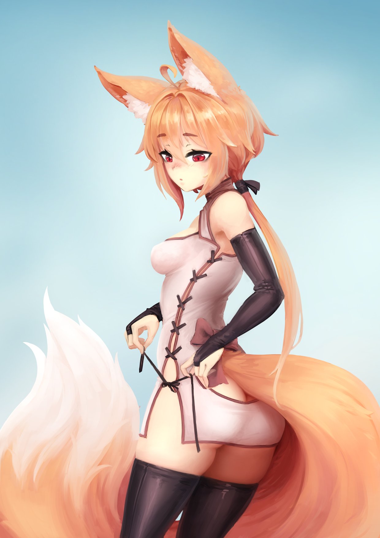 1girl ahoge animal_ear_fluff animal_ears ass bangs barbariank bare_shoulders black_gloves black_legwear black_ribbon blue_background blush borrowed_character breasts bridal_gauntlets commentary cowboy_shot dress elbow_gloves english_commentary eyebrows_visible_through_hair fox_ears fox_girl fox_tail gloves gradient gradient_background hair_between_eyes hair_ribbon highres large_tail long_hair low_ponytail medium_breasts nose_blush orange_hair original red_eyes ribbon short_dress side_slit simple_background solo suzu_(sub-res) tail tail_cutout thighhighs untying