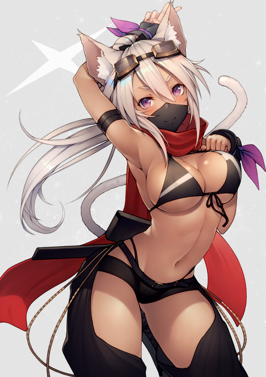 &gt;:) 1girl animal_ear_fluff animal_ears arm_behind_head arm_strap arm_up armpits ass_visible_through_thighs banned_artist belt belt_buckle bikini bikini_under_clothes black_bikini black_shorts blush breasts buckle cat_ears cat_girl cat_tail cleavage closed_mouth contrapposto cowboy_shot dark_skin face_mask front-tie_bikini front-tie_top goggles goggles_on_head grey_background hair_between_eyes hand_on_own_chest kyoeiki large_breasts long_hair looking_at_viewer low_ponytail mask navel original purple_eyes red_scarf scarf see-through sheath sheathed short_shorts shorts silver_hair simple_background smile solo stomach swimsuit sword tail underboob v-shaped_eyebrows weapon weapon_on_back