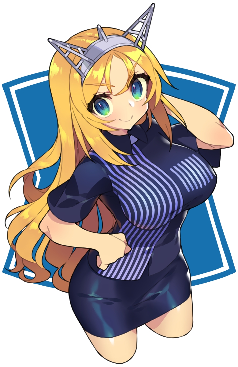 1girl blonde_hair blue_background blue_eyes blush breasts closed_mouth eyebrows_visible_through_hair hair_between_eyes headgear highres itsumo_nokoru kantai_collection large_breasts lawson long_sleeves nelson_(kantai_collection) pencil_skirt skirt smile solo two-tone_background uniform white_background