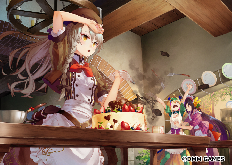 3girls ahoge apron arm_up arms_up azuki_(flower_knight_girl) bangs beret blonde_hair bowl braid breasts brown_dress brown_eyes brown_hair brown_headwear brown_jacket brown_skirt cake chandelier character_request closed_eyes commentary_request dress flower_knight_girl food frilled_apron frills green_hairband green_legwear green_shirt hair_between_eyes hairband hat heart holding indoors jacket komugi_(flower_knight_girl) long_hair multiple_girls official_art open_clothes open_jacket open_mouth pantyhose pastry_bag plate puffy_short_sleeves puffy_sleeves purple_hair red_neckwear saraki shirt short_sleeves side_braid single_braid skirt small_breasts smoke spatula table very_long_hair waist_apron watermark white_apron wooden_ceiling