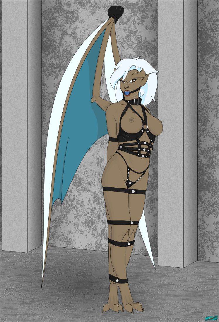 ball_gag bat_wings bdsm bondage bound breasts delilah_(gargoyles) digitigrade disney fab3716 female gag gargoyle gargoyles hair humanoid leather membrane_(anatomy) membranous_wings navel nipples solo teal_wings white_hair white_wings wings