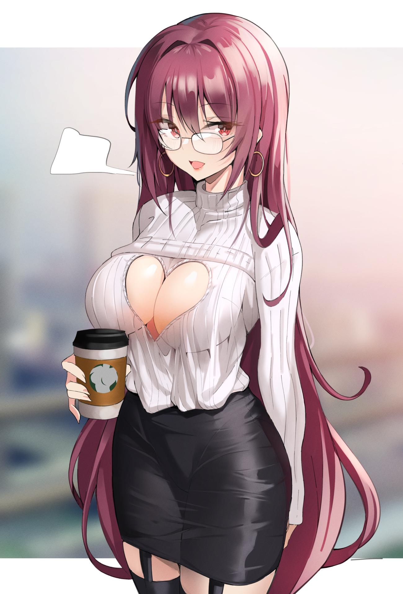 1girl :d arm_behind_back bangs bespectacled black_legwear black_skirt blush breasts cleavage cleavage_cutout commentary cowboy_shot cup disposable_cup earrings eyebrows_visible_through_hair fate/grand_order fate_(series) garter_straps glasses hair_between_eyes heart_cutout highres holding holding_cup jewelry large_breasts long_hair long_sleeves looking_at_viewer no_bra open_mouth pencil_skirt pring654 purple_eyes purple_hair scathach_(fate)_(all) scathach_(fate/grand_order) shirt sidelocks skirt smile solo thighhighs white_background white_shirt zettai_ryouiki