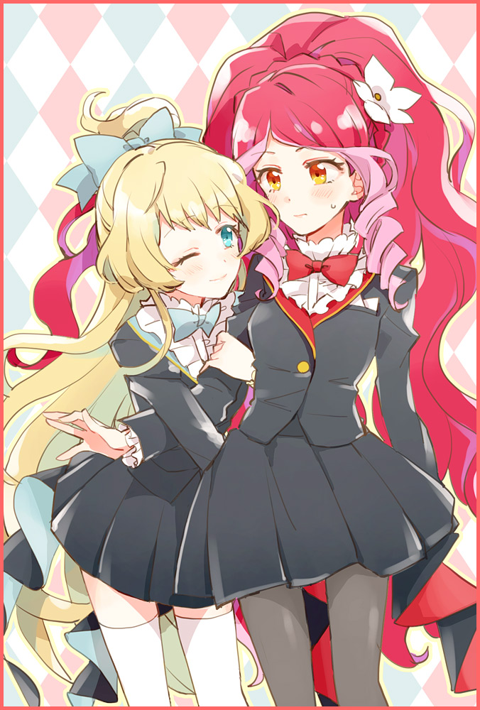 2girls ;) aikatsu!_(series) aikatsu_stars! aqua_eyes aqua_neckwear argyle argyle_background arm_holding arm_hug black_jacket black_legwear black_skirt blonde_hair blush border bow bowtie braid cowboy_shot crown_braid embarrassed eyebrows_visible_through_hair flower hair_bow hair_flower hair_ornament hand_on_another's_arm jacket long_hair looking_at_another multicolored_hair multiple_girls one_eye_closed pink_hair pleated_skirt popoin red_border red_hair red_neckwear school_uniform shiratori_hime skirt smile sweatdrop thighhighs very_long_hair white_legwear zettai_ryouiki