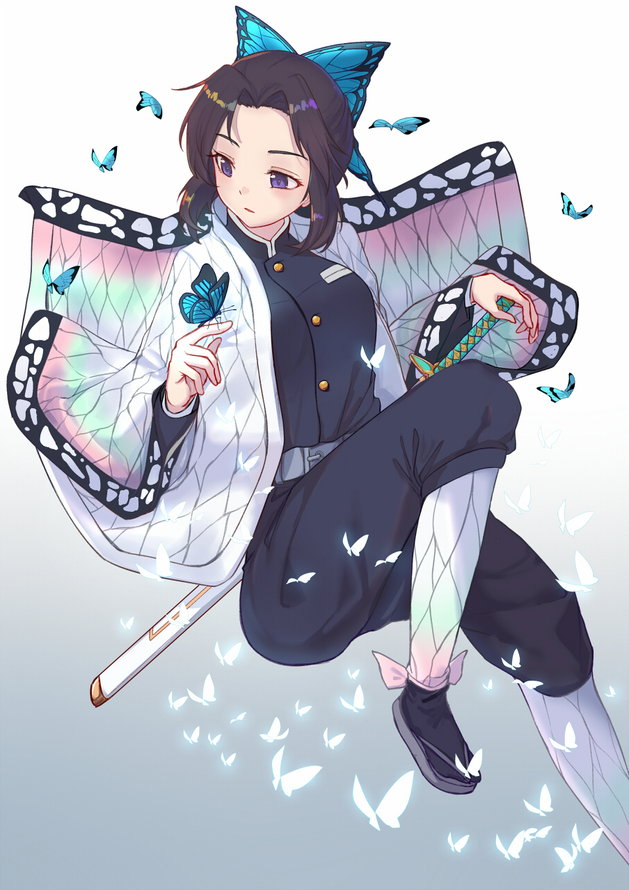 1girl animal animal_on_hand bangs black_hair black_jacket black_pants breasts butterfly_hair_ornament butterfly_on_finger commentary_request forehead gradient gradient_background grey_background grey_footwear hair_ornament highres itachi_kanade jacket katana kimetsu_no_yaiba kochou_shinobu long_sleeves looking_away medium_breasts open_clothes pants parted_bangs parted_lips purple_eyes sheath sheathed sidelocks solo sword weapon white_background white_legwear wide_sleeves zouri