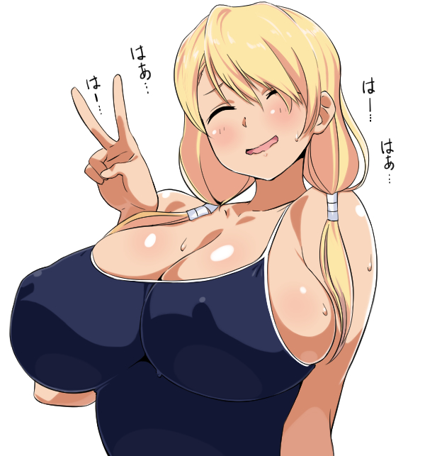 1girl ^_^ ^o^ bangs blonde_hair blue_swimsuit blush breasts brown_eyes cleavage closed_eyes covered_nipples fushimi_yuyu large_breasts low_twintails one-piece_swimsuit salad_tokutaro solo sweat swimsuit twintails usotsuki_mii-kun_to_kowareta_maa-chan v