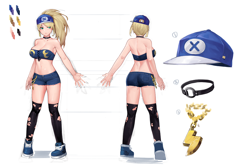 1girl back bandeau bare_shoulders baseball_cap black_collar black_legwear blonde_hair blue_footwear blue_headwear blue_shorts blue_top breasts chain character_sheet cleavage collar dungeon_and_fighter from_behind full_body green_eyes hat large_breasts looking_to_the_side midriff multiple_views navel outstretched_arm ponytail sangobob shorts standing thighhighs torn_clothes torn_legwear turnaround