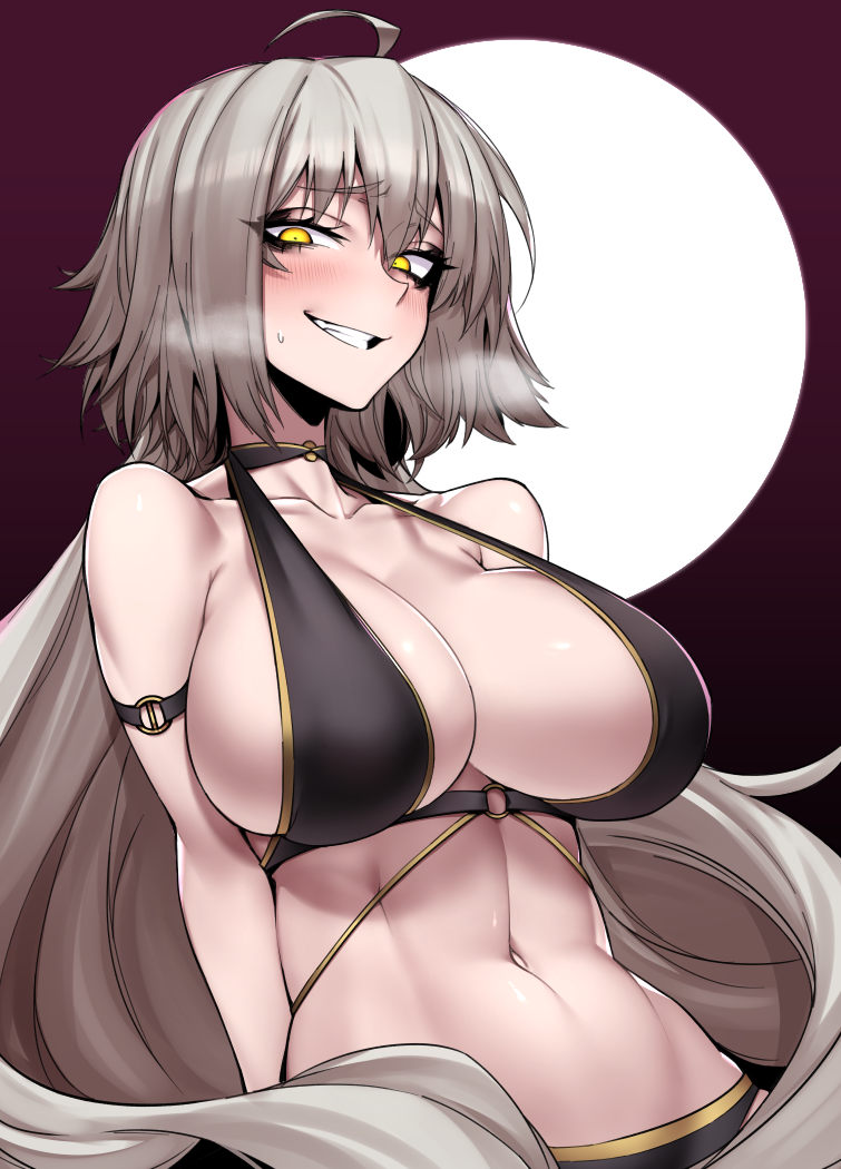 1girl ahoge arm_strap arms_behind_back bangs bare_shoulders bikini black_background black_bikini black_choker blush breasts breath brown_background choker cleavage collarbone eyebrows_visible_through_hair fate/grand_order fate_(series) gradient gradient_background grey_hair grin half-closed_eyes halter_top halterneck j.k. jeanne_d'arc_(alter_swimsuit_berserker) jeanne_d'arc_(fate)_(all) large_breasts long_hair looking_at_viewer navel o-ring o-ring_bikini o-ring_top shiny shiny_skin sidelocks smile solo stomach strap_gap sweatdrop swimsuit very_long_hair yellow_eyes