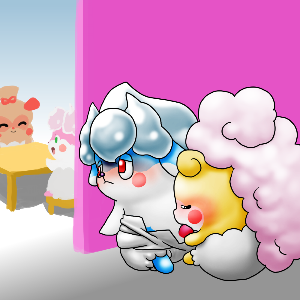 1:1 ambiguous_gender anthro anthro_on_anthro blue_fur blue_hair blush brown_fur clothed clothing cocotama cub duo eyes_closed featureless_limbs fur green_eyes hair hiding himitsu_no_cocotama male male/ambiguous mammal multicolored_fur nikori_(cocotama) oral parine partially_clothed penetration penis pink_fur pink_hair pinko_(cocotama) red_eyes red_fur sarine sex two_tone_fur white_fur yellow_fur young 九尾