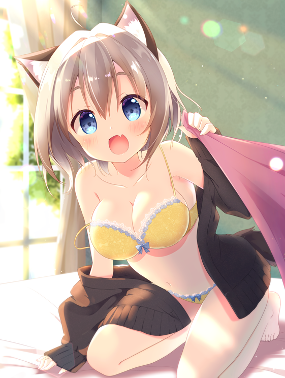 1girl :d animal_ear_fluff animal_ears aoi_yun bangs bare_legs bare_shoulders barefoot bed_sheet black_jacket blue_eyes blurry blurry_background blush bow bow_bra bow_panties bra breasts brown_hair cleavage collarbone commentary_request depth_of_field eyebrows_behind_hair fang fingernails hair_between_eyes holding indoors jacket long_sleeves looking_at_viewer medium_breasts off_shoulder open_clothes open_jacket open_mouth original panties sleeves_past_wrists smile solo strap_slip sunlight underwear window yellow_bra yellow_panties