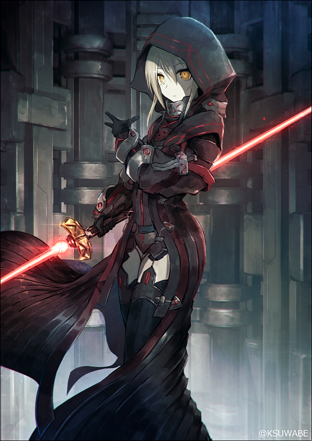 1girl arm_guards artoria_pendragon_(all) blonde_hair bodysuit collar commentary_request energy_sword excalibur fate/grand_order fate_(series) garter_straps gloves hair_between_eyes hand_up holding holding_weapon hood hood_up hooded_coat kei-suwabe lightsaber long_coat looking_at_viewer mysterious_heroine_x_(alter) pale_skin short_hair solo standing sword thighhighs twitter_username weapon yellow_eyes