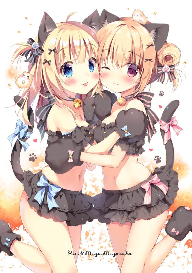 2girls :p ;) animal animal_ears animal_on_head bangs bare_shoulders black_gloves black_legwear black_skirt black_sleeves blonde_hair blue_bow blue_eyes blush bow breasts cat_ears cat_girl cat_tail character_request cleavage closed_mouth commentary_request crop_top detached_sleeves eyebrows_visible_through_hair gloves hair_between_eyes hair_bow hair_bun hamster hand_up layered_skirt long_hair miniskirt multiple_girls navel on_head one_eye_closed original pan_(mimi) paw_gloves paws pink_bow pleated_skirt puffy_short_sleeves puffy_sleeves red_eyes short_sleeves skirt small_breasts smile socks standing standing_on_one_leg striped striped_bow tail tail_bow tail_raised tongue tongue_out