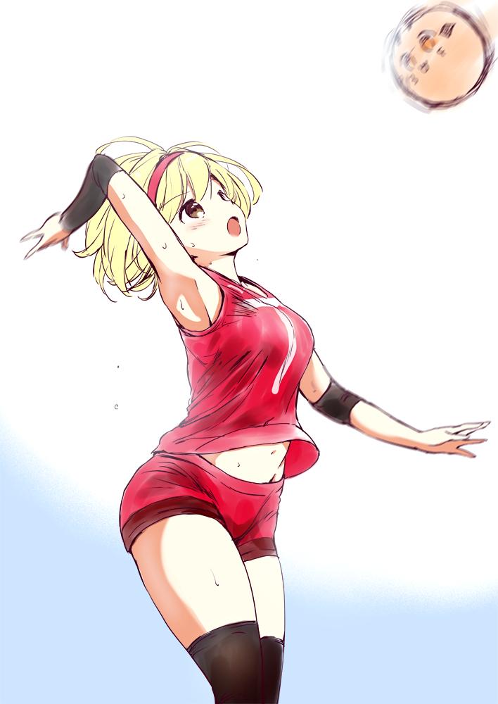 1girl arm_up armpits blonde_hair brown_eyes djeeta_(granblue_fantasy) granblue_fantasy groin hairband jersey kneehighs kurimomo navel open_mouth red_legwear red_shirt red_shorts shirt short_hair shorts simple_background solo spiking thighs volleyball