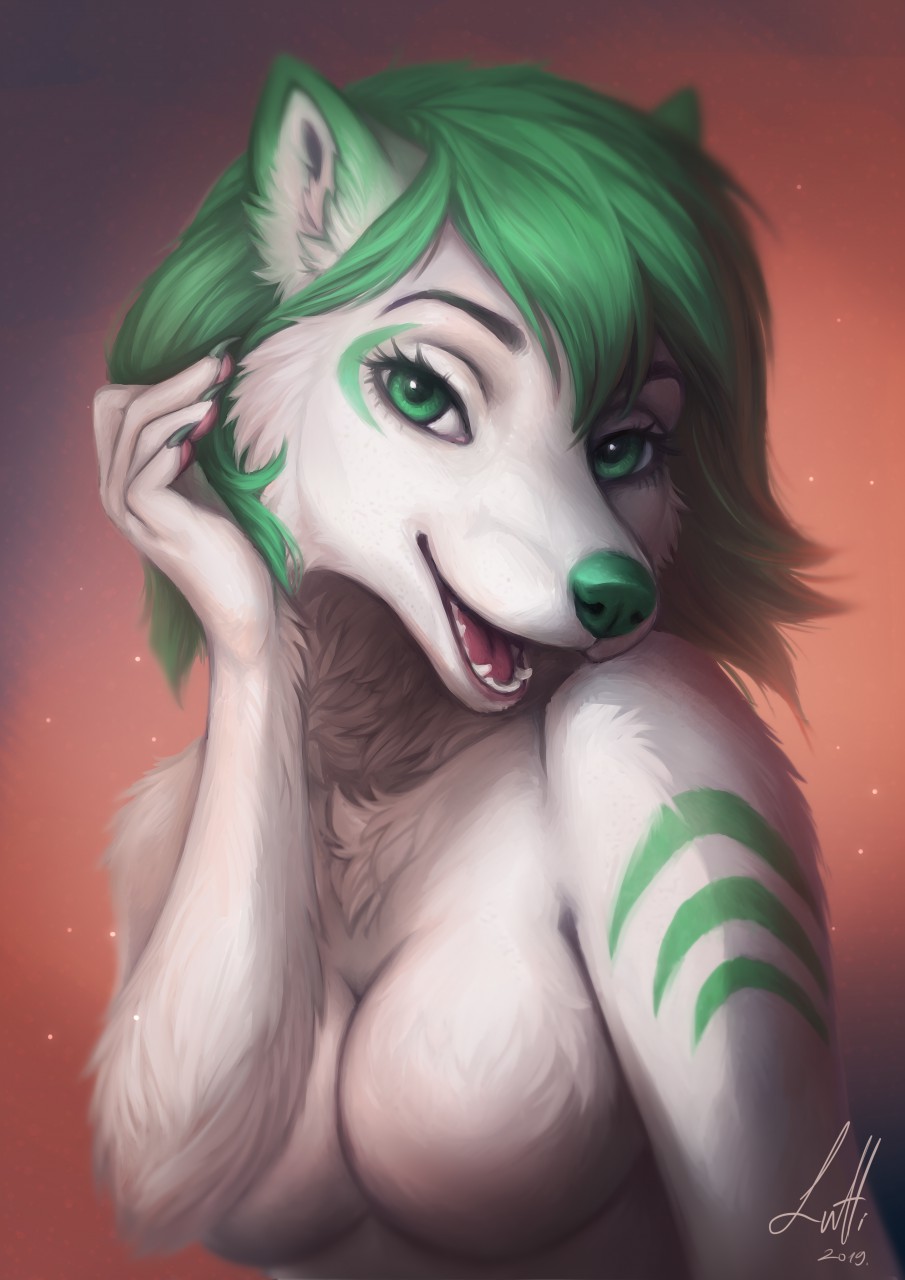 2019 anthro arctic_fox breasts canid canine female fox fur green_eyes green_fur green_hair green_nose hair happy hi_res looking_at_viewer lutti mammal nude open_mouth simple_background smile solo white_fur