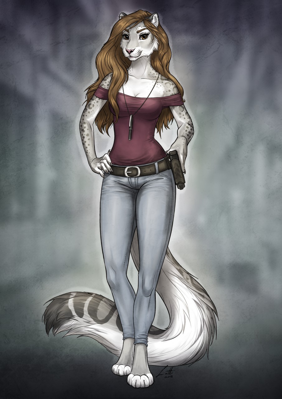 2019 anthro belt brown_eyes brown_hair clothed clothing felid female fully_clothed fur grey_fur gun hair hi_res leopard looking_at_viewer lutti mammal nemerox pantherine ranged_weapon simple_background snow_leopard solo weapon white_fur